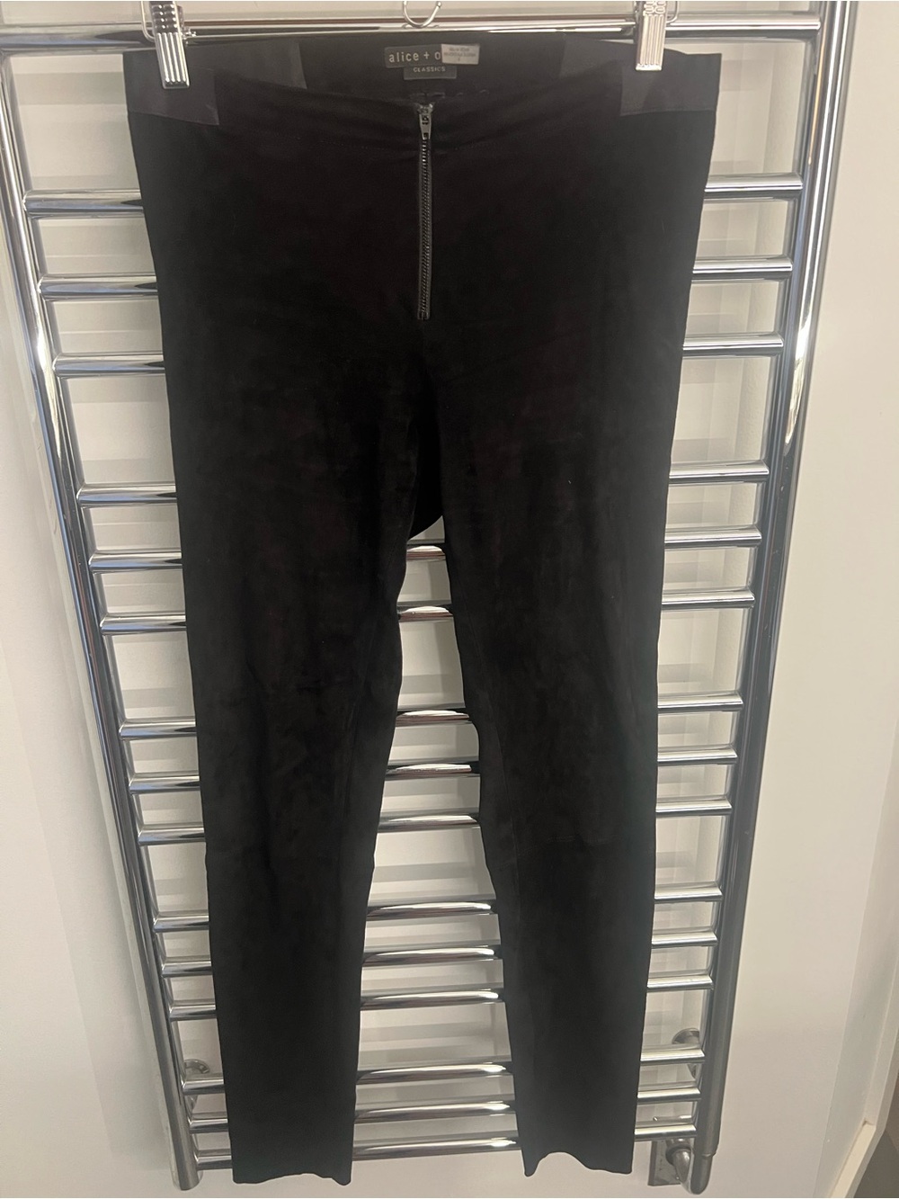 Alice + Olivia Black Suede Zip-Front Skinny Leggins
